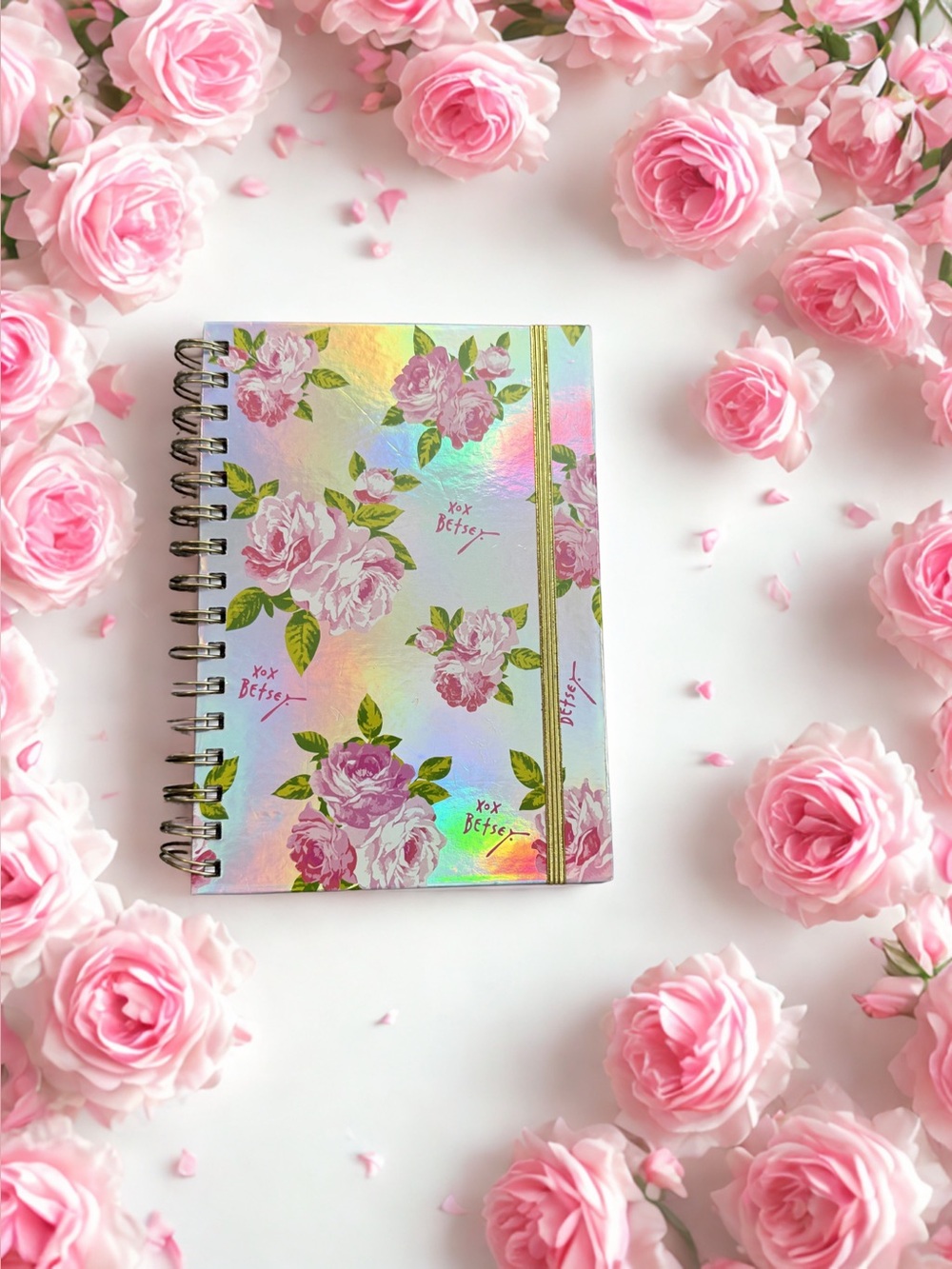 💕BETSEY JOHNSON💕Iridescent Floral Spiral Notebook with Gold Elastic Closure/NIP